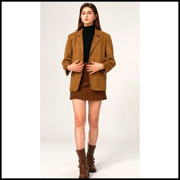 Faux Suede Blazer Jacket Double Lined Warm Fall Winter Casual Coat - Picture 7 of 7